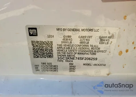 2025 Chevrolet Silverado K2500 Heavy Duty Lt from USA, damaged, VIN 1GC1KNE74SF206259